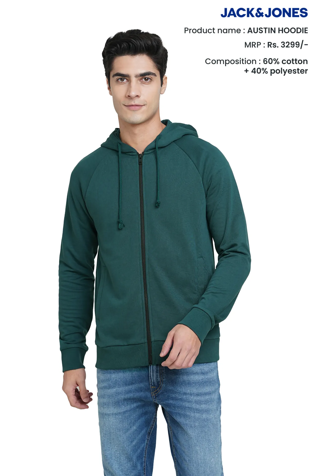 Jack & Jones Austin Hoodie – Cotton Blend Zip-Up Hoodie, 280 GSM.