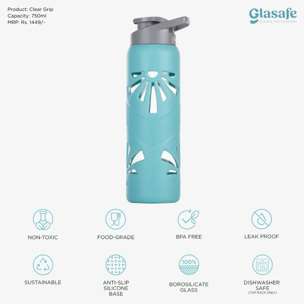 Glasafe Clear Grip Glass Water Bottle – 750ml Borosilicate Glass Bottle with Silicone Sleeve, Spill-Proof Cap. (Blue)