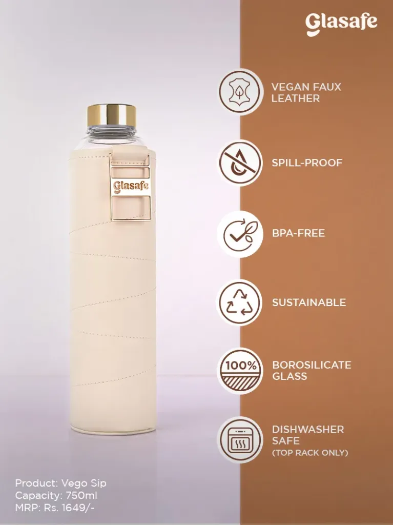 Glasafe Vego Sip Glass Water Bottle – 750ml Borosilicate Bottle with Vegan Leather Cover & Carry Loop. (Beige)