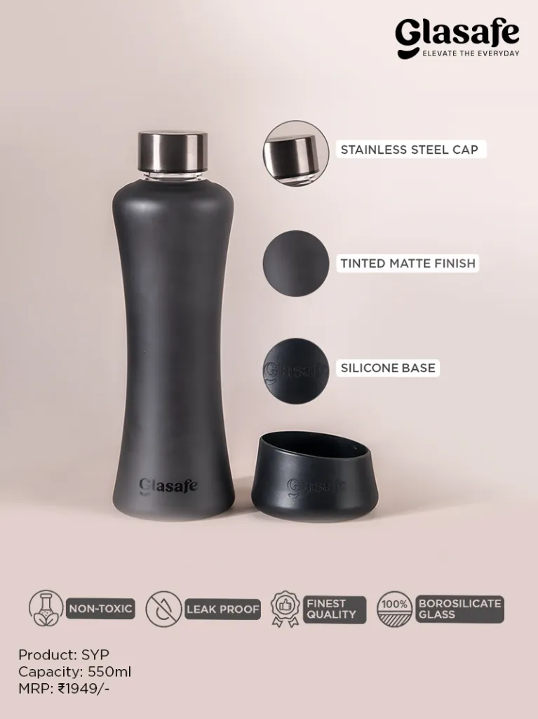 Glasafe SYP Ergonomic Glass Water Bottle – 550ml Borosilicate Bottle with Anti-Slip Silicone Base. (Black)